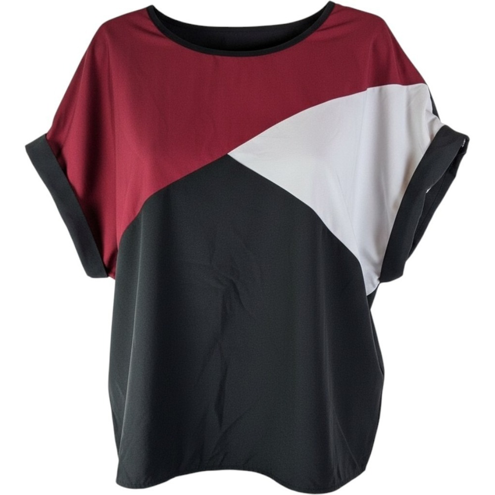SHEIN Curve Blouse Women 2XL Black Multi Colorblock Short Sleeve Cuffed Top